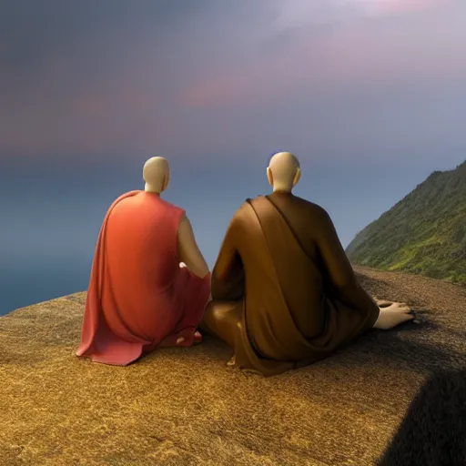 Prompt: a stunning 3 d render of a jesus and buddah and fredrick nietzsche sitting on a cliff facing away from the camera in the rain watching the sunrise over the ocean, turbulent ocean in the background, intricate, elegant, highly detailed, artstation, ultra sharp focus, octane render, volumetric lighting, in a neoclassical and baroque style