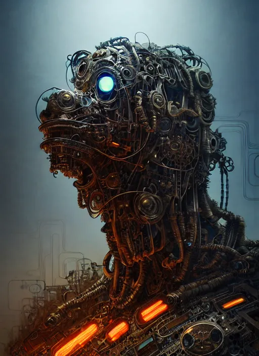 Image similar to A photorealistic 3d render of a robot monster cyborg made of circuits wide view shot by ellen jewett , tomasz alen kopera and Justin Gerard symmetrical features, ominous, magical realism, texture, intricate, ornate, royally decorated, android format, windows, many doors, roofs, complete house , whirling smoke, embers, red adornments, red torn fabric, radiant colors, fantasy, trending on artstation, volumetric lighting, micro details, 3d sculpture, ray tracing, 8k