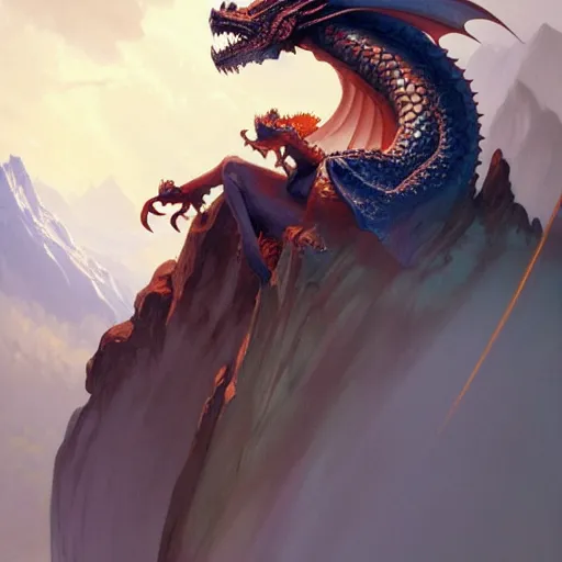 Image similar to baby dragon watching the world underneath, mountains, d & d, fantasy, intricate, elegant, highly detailed, digital painting, artstation, concept art, smooth, sharp focus, illustration, art by artgerm and greg rutkowski and alphonse mucha