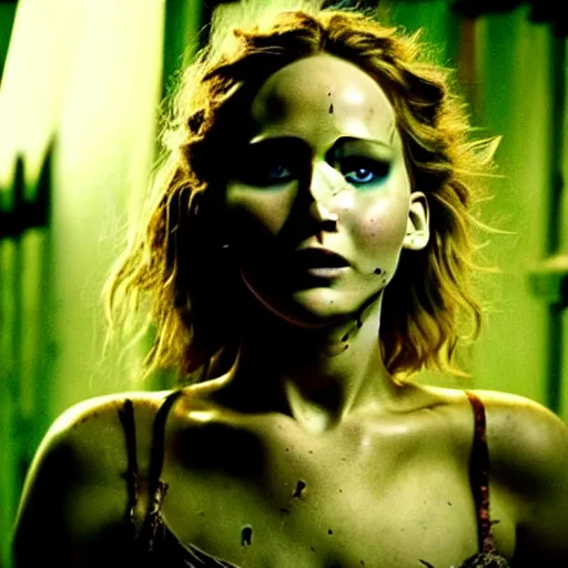 Image similar to jennifer lawrence as frankenstein's monster, color photography, sharp detail, still from the movie