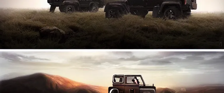 Image similar to Land Rover Defender 110 (1985), an epic fantasy, dramatic lighting, cinematic, establishing shot, extremely high detail, photorealistic, cinematic lighting, artstation, by simon stalenhag, The Elder Scrolls III: Morrowind, the Nerevarine drives across Morrowind, strange flora, strange fauna, Bull Netch floating around, Morrowind fauna prominent across the landscape