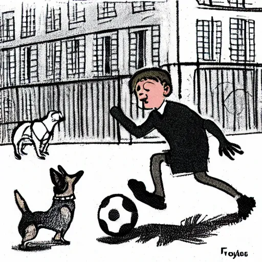 Image similar to illustration of french boy on the streets of paris playing football against a corgi, the dog is wearing a polka dot scarf, comic, 1 9 6 6