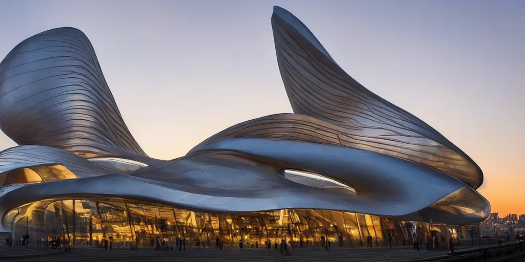 Image similar to extremely elegant smooth detailed stunning sophisticated beautiful elegant futuristic museum exterior by Zaha Hadid, Milan buildings in the background, smooth curvilinear design, stunning volumetric light, stainless steal, concrete, translucent material, beautiful sunset, tail lights