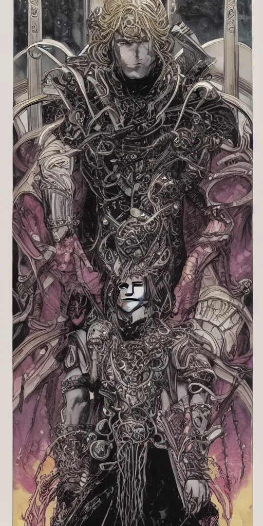 Image similar to a stunning and hypnotic full color art nouveau styled bust portrait of elric as a godlike and stoic chaos king with violent malevolent eyes and intricately detailed black armor by travis charest and michael kaluta, 8k, hyperdetailed