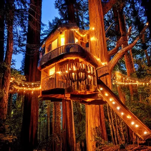 Prompt: cozy treehouse in redwood forest at night with globe lights and fairy lights