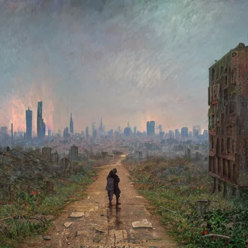 Prompt: two wanderers on an old apocalyptic road, cityscape ruins in the distance, fallen towers with electrical wires , masterpiece 4k, intricate details, realistic, panoramic view, Hyperdetailed, 8k resolution, painted by simon stålenhag and monet