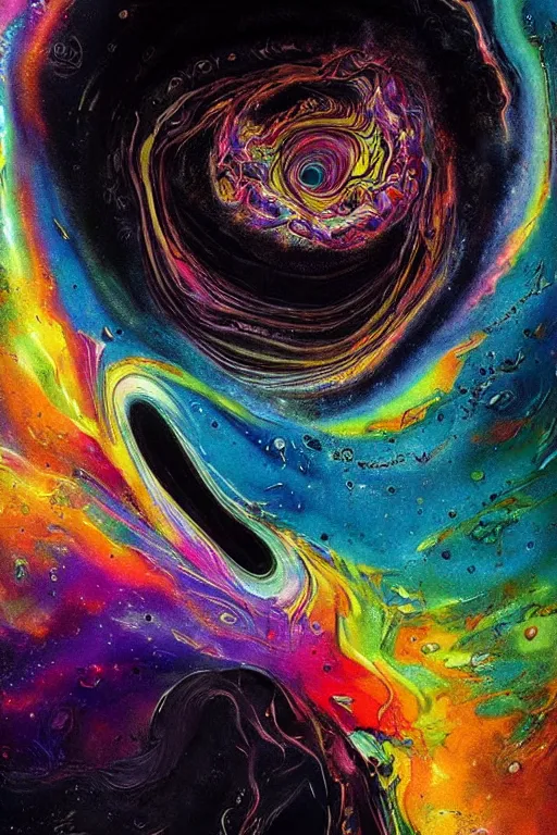 Image similar to fluid dynamics flow art a painting of a colorful black hole with a colorful swirl exploding into rainbows, acrylic marbling art by sam spratt, beksinski, deviantart, psychedelic art, psychedelic, cosmic horror, chromatic