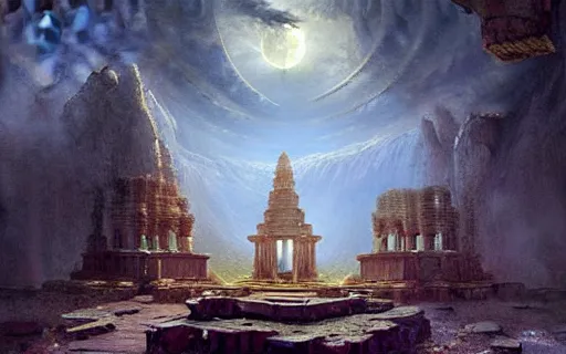 Image similar to beautiful hyperrealistic epic painting of the mysterious intricate ruins of a temple from an advanced alien civilization under the crescent moon, by hubert robert and lee madwick and bastien lecouffe deharme, dramatic lighting