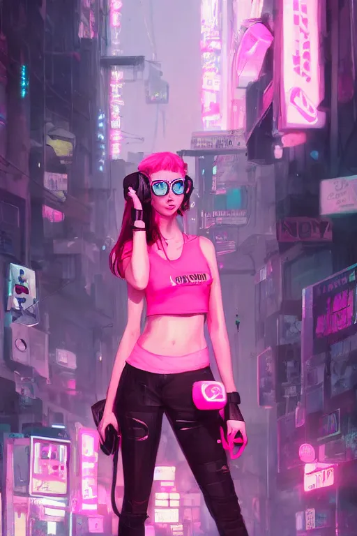 Image similar to gamer girl with a pink headset, city street, cyberpunk, harsh neon lights, highly detailed, sharp focus, digital painting, illustration, trending on artstation, art by sakimichan, wlop, greg rutkowski