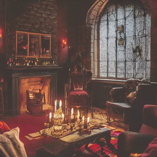 Image similar to A photograph of the Gryffindor common room, cozy arm chairs, a fire burning in the hearth, high ceilings, lit by many candles, light rays, magic aura, bloom, mysterious