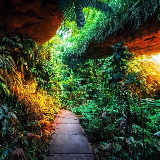 Image similar to professional photo of a jungle similar to the first level of donkey kong country, by discovery magazine, real life, photorealistic, sunset, soft focus, long exposure