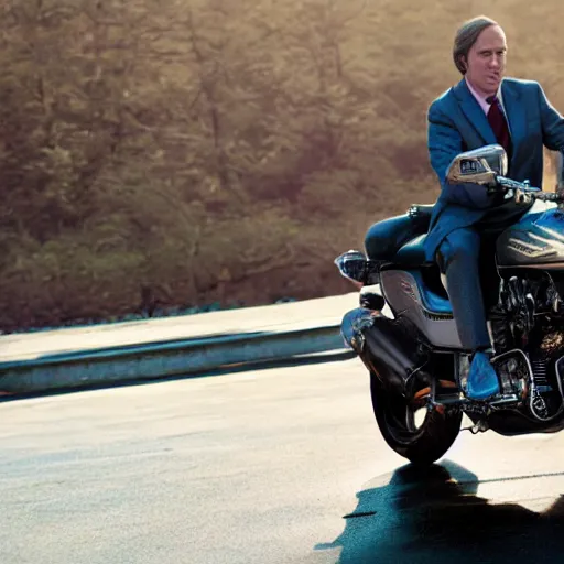 Image similar to A photo of Saul Goodman riding a motorcycle, highly detailed, 4k