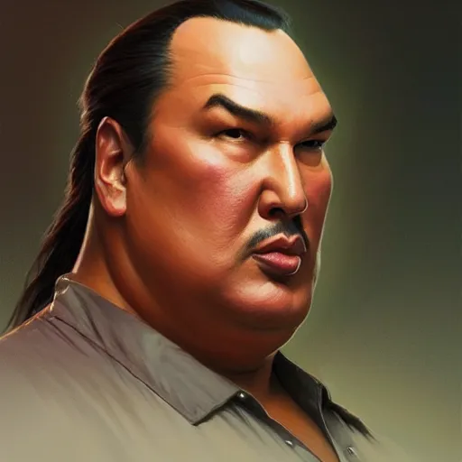 Image similar to Obese Steven Seagal, fantasy, intricate, elegant, highly detailed, digital painting, artstation, concept art, matte, sharp focus, illustration, art by Artgerm and Greg Rutkowski and Alphonse Mucha