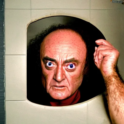 Image similar to portrait of Klingon Chancellor Gowron as he inspects a 2 inch round hole in the wall of the bathroom stall at a gas station