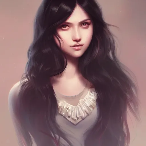 Image similar to teen girl, long black hair, gorgeous round face, brown pollover, amazing, elegant, intricate, highly detailed, digital painting, artstation, concept art, sharp focus, illustration, art by ross tran