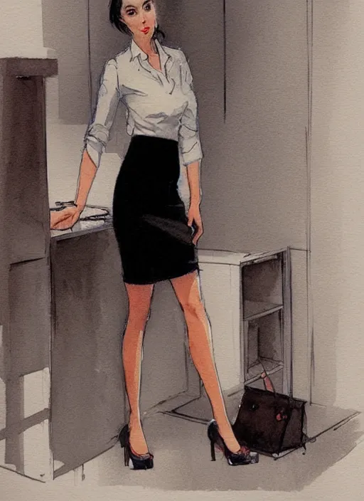 Image similar to concept art of a modern office life, young attractive business woman, pencil miniskirt, pinterest, artstation trending, behance, watercolor, by coby whitmore, silver, laser light,