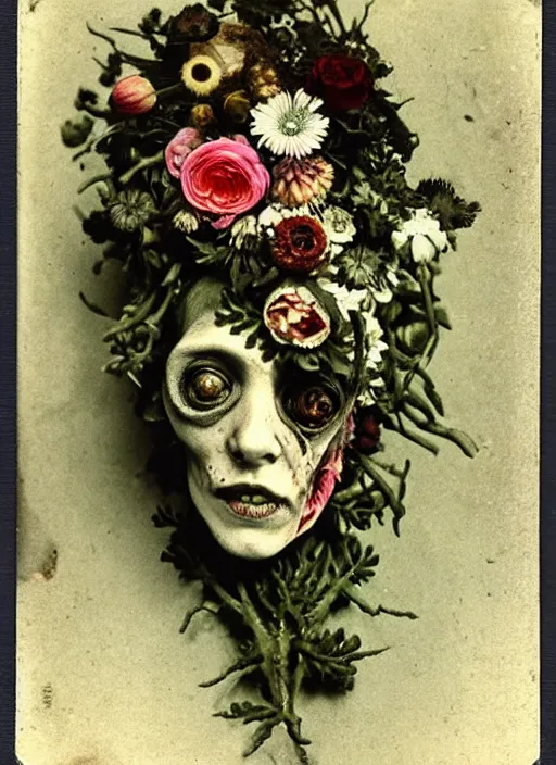 Image similar to beautiful and detailed rotten woman corpse made of plants and many types of stylized flowers like carnation, daisy, chrysanthemum, anemone, roses and tulips, intricate, surreal, john constable, gustave courbet, caravaggio, romero ressendi, bruno walpoth 1 9 1 0 polaroid photo