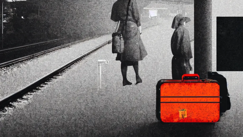 Image similar to an explorer's luggage on the train platform, rural japan, a collage painting, in the style of wes anderson, lola dupre, david hockney, isolated on negative white space background dark monochrome neon spraypaint accents volumetric octane render