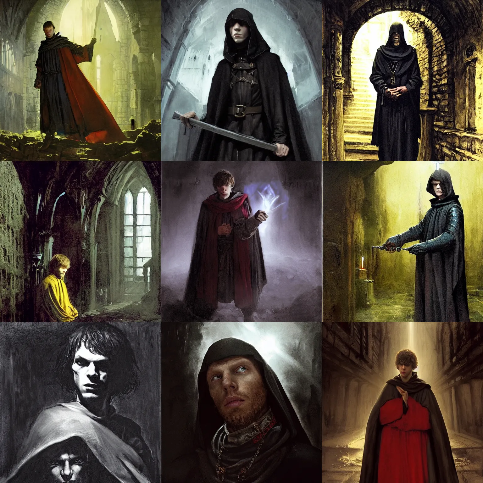 Prompt: jesse eisenberg as an enigmatic medieval christian ( ( monk ) ) in a dark underground city. dark shadows, colorful, law contrasts, ( ( ( chiaroscuro lighting ) ) ) fantasy portrait by jakub rozalski, jan matejko, and j. dickenson