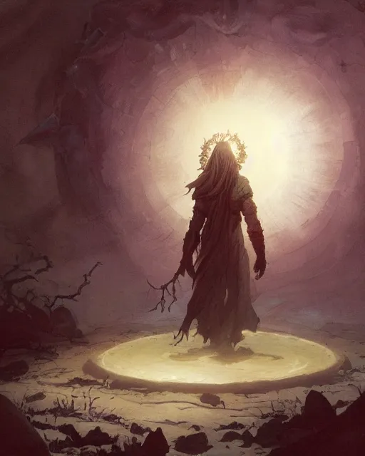 Prompt: a druid standing in a circle at the beginning of the world by greg rutkowski and frank frazetta and peter mohrbacher and marc silvestri