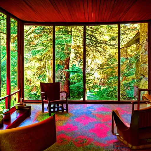 Image similar to interior of a Psychedelic Solarpunk frank lloyd wright house in the redwoods on a sunny day