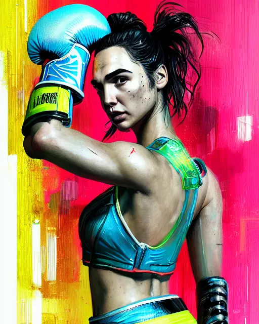 Image similar to detailed portrait Gal Gadot Neon boxer , cyberpunk futuristic neon, reflective crop top and shorts, boxing gloves, decorated with traditional Japanese ornaments by Ismail inceoglu dragan bibin hans thoma greg rutkowski Alexandros Pyromallis Nekro Rene Maritte Illustrated, Perfect face, fine details, realistic shaded, fine-face, pretty face