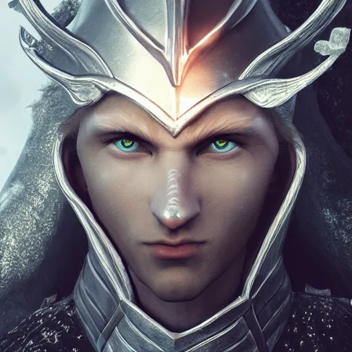 Image similar to handsome male snow elf in silver ornate armour, albino skin, elden ring, realistic, dnd character portrait, full body, dnd, rpg, lotr game design fanart by concept art, behance hd, artstation, deviantart, global illumination radiating a glowing aura global illumination ray tracing hdr render in unreal engine 5