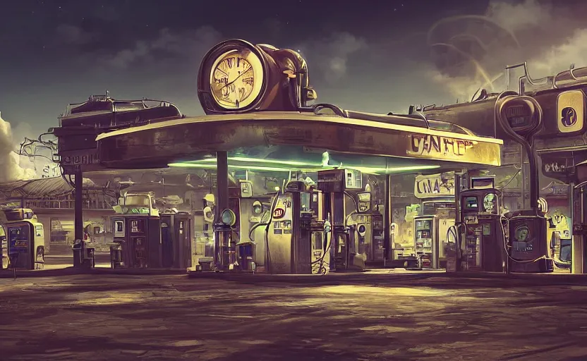 Image similar to steampunk gas station in space, 4 k, polished, photorealistic, hard edges, zoomed in, very coherent, sharp focus, rim light, exquisite lighting, hard edges, sci - fi, cinematic, game art, octane