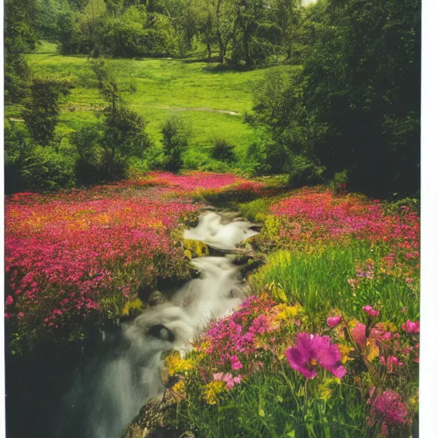 Image similar to very beautiful polaroid photo of a flower meadow by a stream on a sunny day with double rainbow