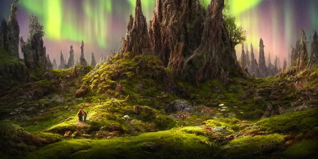 Prompt: fairyland scenery landscape, lord of the rings, aurora borealis, mist, monoliths, flowers, mushroom structures, moss highly detailed, vivid color, perfect lighting, perfect composition, 8 k, brian froud, artgerm, derek zabrocki, greg rutkowski