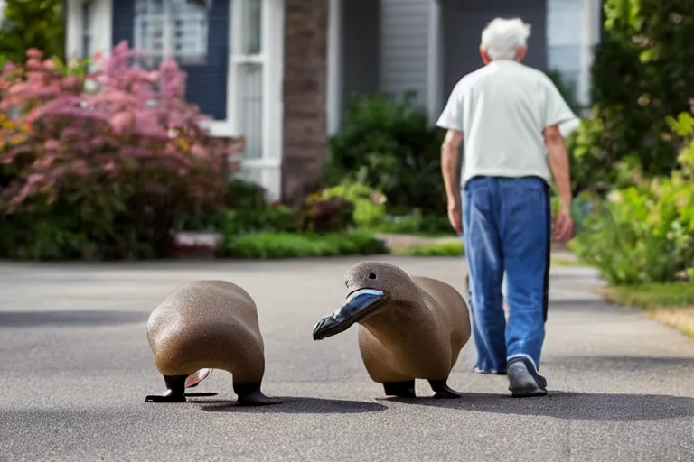 Prompt: Old man walking his platypus on a residential street