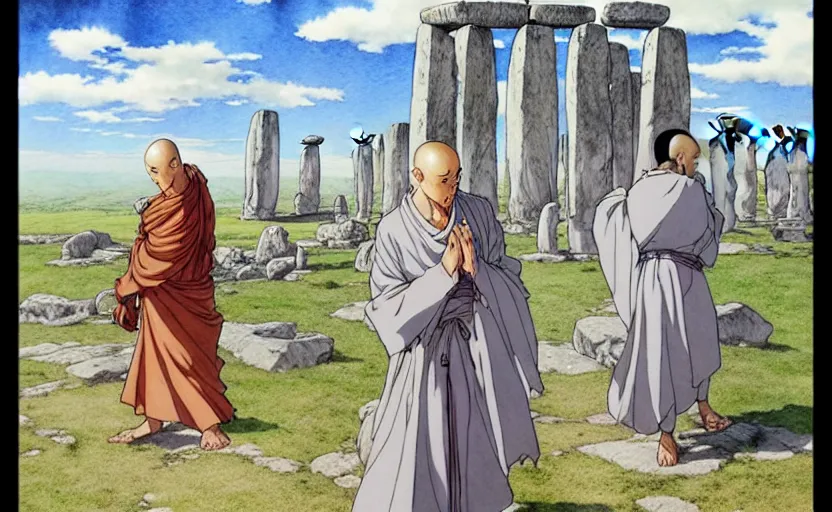 Image similar to a realistic anime watercolor fantasy concept art of a giant monk with a big forehead in grey robes dancing in stonehenge. several immense stones are floating in the air. by rebecca guay, michael kaluta, charles vess