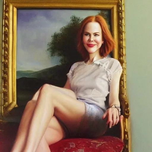 Image similar to “an oil painting portrait of a young Nicole Kidman sitting on a couch, joyful”