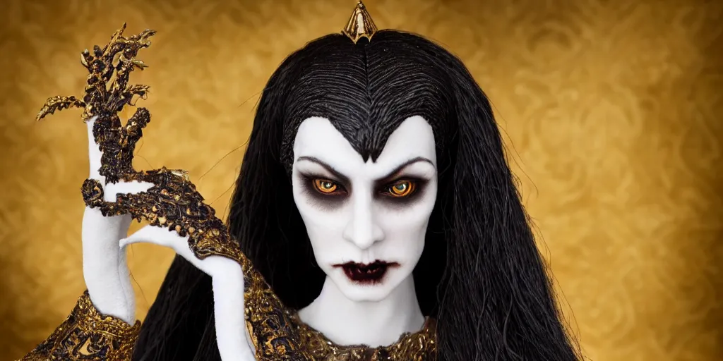 Prompt: photo taken of an epic intricate, ultra detailed, super realistic stop motion puppet of a majestic gracious regal aristocratic brunette female vampire and gothic filmset created by weta workshop, menacing, wide angle, full body shots, photorealistic, sharp focus, white wall, extremely cold blueish colour temperature, 3 5 mm, f 1. 4, golden ratio