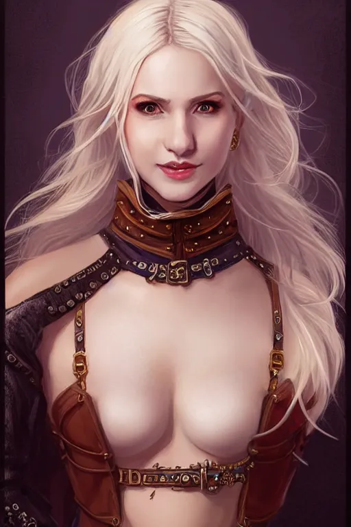 Image similar to Portrait of seductive female bard, D&D, revealing stylish dress like leather armor, choker on neck, long blonde or red hair, mouth slightly open, cute slightly nerdy smile, fantasy, intricate, elegant, stylish, highly detailed, digital painting, artstation, concept art, smooth, sharp focus, illustration, art by artgerm and greg rutkowski and alphonse mucha