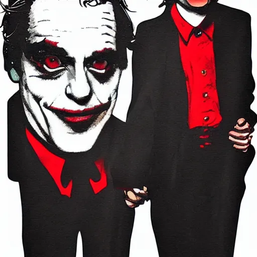 Image similar to mimmo rottela and banksy as joaquin phoenix skinny joker holding hand lady gaga harley queen, photorealistic, intricate details, pop art style, concept art, 3 colors, 4 d, smooth, sharp focus