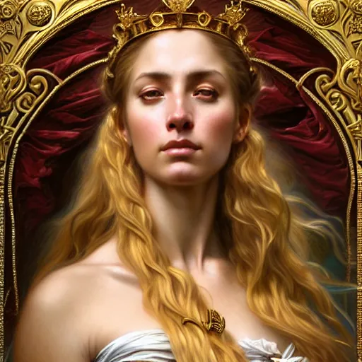 Image similar to highly detailed portrait of a majestic lioness queen in the form of a beautiful woman. d & d. art by donato giancola, franz xaver winterhalter, evelyn de morgan, bastien lecouffe - deharme. trending on artstation, intricate details, energetic composition, golden ratio, concept art, illustration, elegant art, global illuminaition