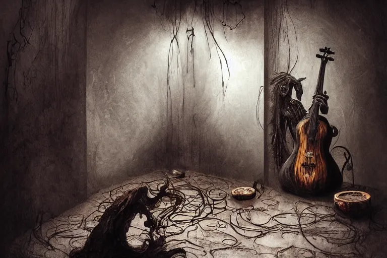 Image similar to still life of a cursed carved wooden baroque demonic oud with ebony inlay and strings of pain, designed by brian froud and hr giger leans against the wall alone, abandoned. an empty brutalist chamber, lonely, somber, a thin wisp of smoke rises from the lute. late afternoon lighting cinematic fantasy painting by jessica rossier