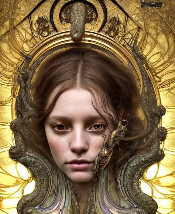 Prompt: intricate ornate opulent transparent clear see - through portrait of a terrifying beautiful alien mollusk, mottled coloring, adorable, childlike, pastoral environment, ultra realistic, concept art, art nouveau, photorealistic, octane render, 8 k, unreal engine. art by christopher marley and artgerm and greg rutkowski and alphonse mucha