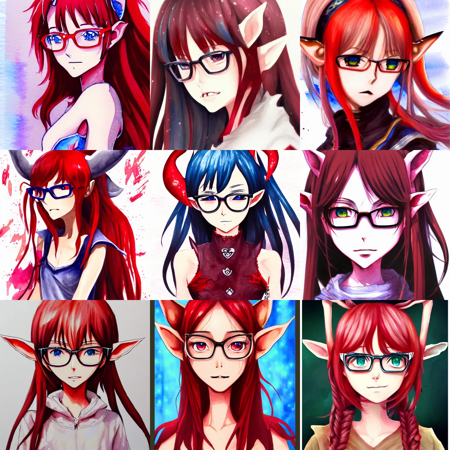 Prompt: detailed anime illustration of an elf, watercolour, red paint splash, girl with glasses, 4 k concept art, artstation