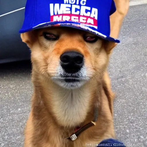 Prompt: doge wearing a make america great again cap, realistic, super detailed, wide shot, 8 k,