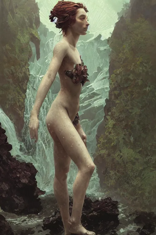 Image similar to a full body portrait of a beautiful post apocalyptic offworld neoicelandic biofarmer swimming by the waterfalls, intricate, elegant, highly detailed, digital painting, artstation, concept art, smooth, sharp focus, illustration, art by krenz cushart and artem demura and alphonse mucha