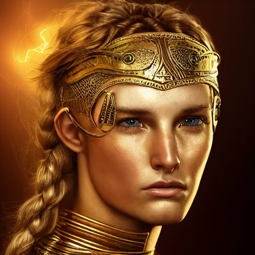 Prompt: head and shoulders portrait of a female knight, donald trump, golden etched armor, lord of the rings, celtic hair braid, eldritch ruby amulet, thunderstorm, by artgerm, alphonse mucha, face detail, sharp focus, high key lighting, vogue fashion photo