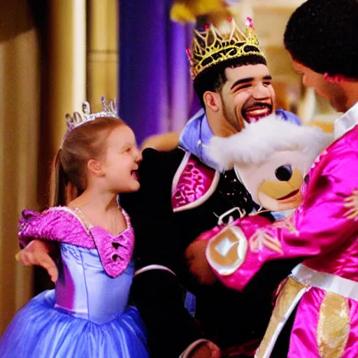 Prompt: drake giggling in a princess costume