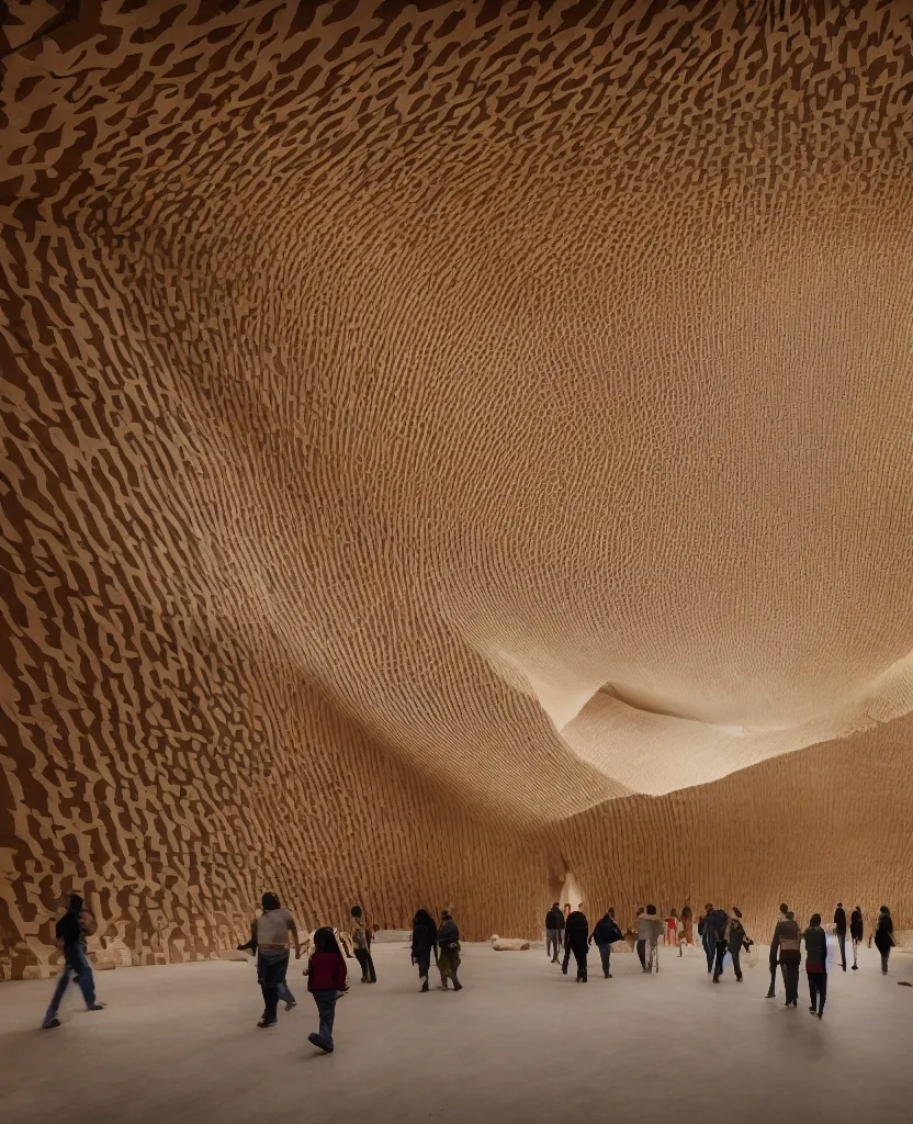 Image similar to indoor photo of a complex cultural building made of fractal rammed earth, people walking