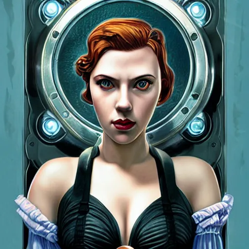 Image similar to Lofi Steampunk Bioshock portrait of Scarlett Johansson, Pixar style, by Tristan Eaton Stanley Artgerm and Tom Bagshaw.