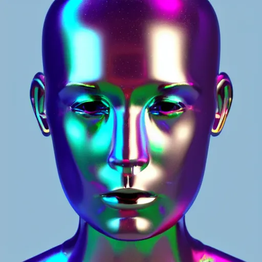 Image similar to 3d render of holographic human robotic head made of glossy iridescent, surrealistic 3d illustration of a human face non-binary, non binary model, 3d model human, cryengine, made of holographic texture, holographic material, holographic rainbow, concept of cyborg and artificial intelligence