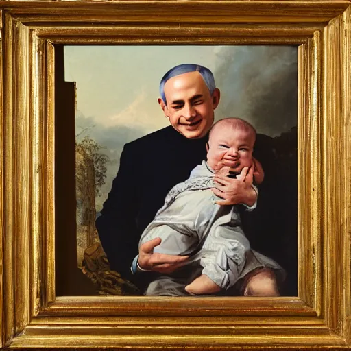 Image similar to a painting of benjamin netanyahu smiling as a baby being held by his parents, by caspar david