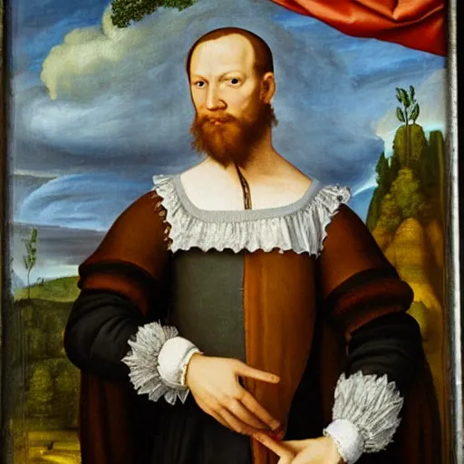 Image similar to a renaissance style portrait painting of The gentleman with the hand on his chest