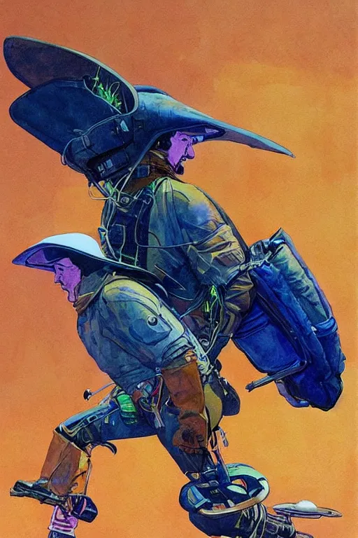 Prompt: scifi cowboy sitting on giant emu bird with backpack, science fiction, art by jean giraud, moebius, juan gimenez, greg manchess, in watercolor gouache detailed paintings, in style of syd mead, colorful comics style, artstation